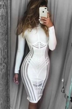 Amelia Long Sleeve Bandage Dress - White Pearl -Bodycon Collection Shop amelia long sleeve bandage dress pearl white bodycon collection usa aus 28063366119503