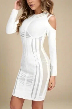 Amelia Long Sleeve Bandage Dress - White Pearl