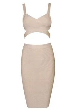 Ang Bandage Top And Knee Length Skirt Outfit Set- Cream -Bodycon Collection Shop ang bandage top and knee length skirt set cream bodycon collection usa aus 39886518845658
