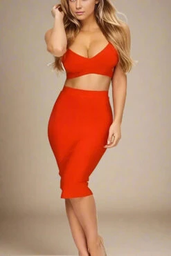 Ang Bandage Top And Knee Length Skirt Outfit Set - Lipstick Red