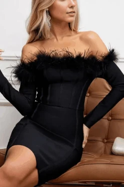 Erin Long Sleeve Off Shoulder Bandage Mini Dress - Classic Black -Bodycon Collection Shop erin long sleeve off shoulder bodycon mini dress classic black bodycon collection usa aus 40706668495066