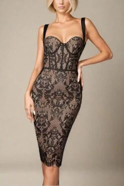 Genevieve Bodycon Lace Midi Dress - Classic Black