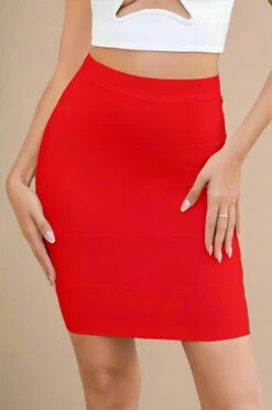 High Waist Bandage Striped Mini Skirt - Lipstick Red