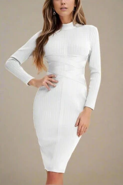 Jane Long Sleeve Bodycon Midi Dress - White Pearl