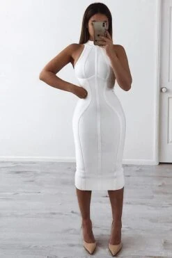 Lea Bandage Midi Dress - White Pearl -Bodycon Collection Shop lea bandage midi dress pearl white bodycon collection usa aus 28524134662223