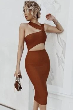 Molly Bandage Midi Dress - Tan Brown -Bodycon Collection Shop molly bandage midi dress tan brown bodycon collection usa aus 28524565921871