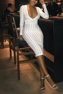 Olivia Long Sleeve Bandage Midi Dress - White Pearl -Bodycon Collection Shop olivia long sleeve bandage midi dress pearl white bodycon collection usa aus 28526549073999