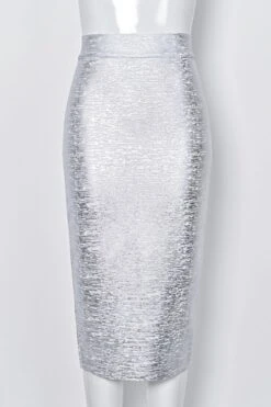 High Waist Leather Pencil Skirt Midi Length - Metallic Silver -Bodycon Collection Shop pencil high waist leather metallic midi skirt silver bodycon collection usa aus 44348580528346