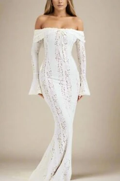 Rose Long Sleeve Bodycon Maxi Dress - White Pearl