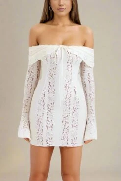 Rose Long Sleeve Bodycon Mini Dress - White Pearl -Bodycon Collection Shop rose long sleeve bodycon mini dress pearl white bodycon collection usa aus 44034553970906